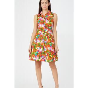 Talbots Woman Dress Pink Floral Bright Sleeveless Cotton Collar Button Down SZ 8